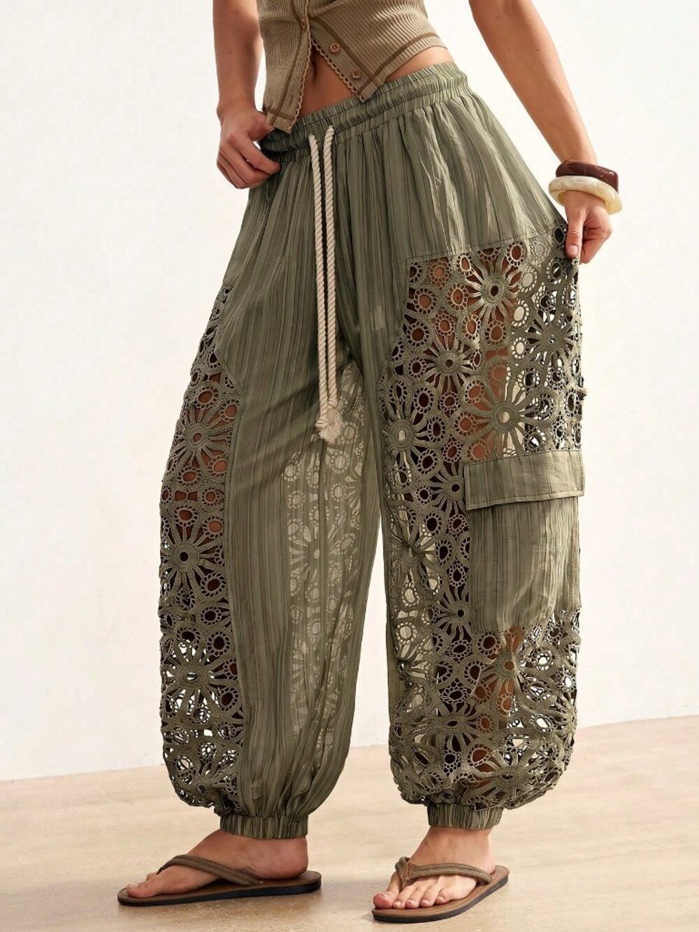 Women's Casual Boho Woven Patchwork Loose Fit Long Pants Vacation - Picture 4 of 8